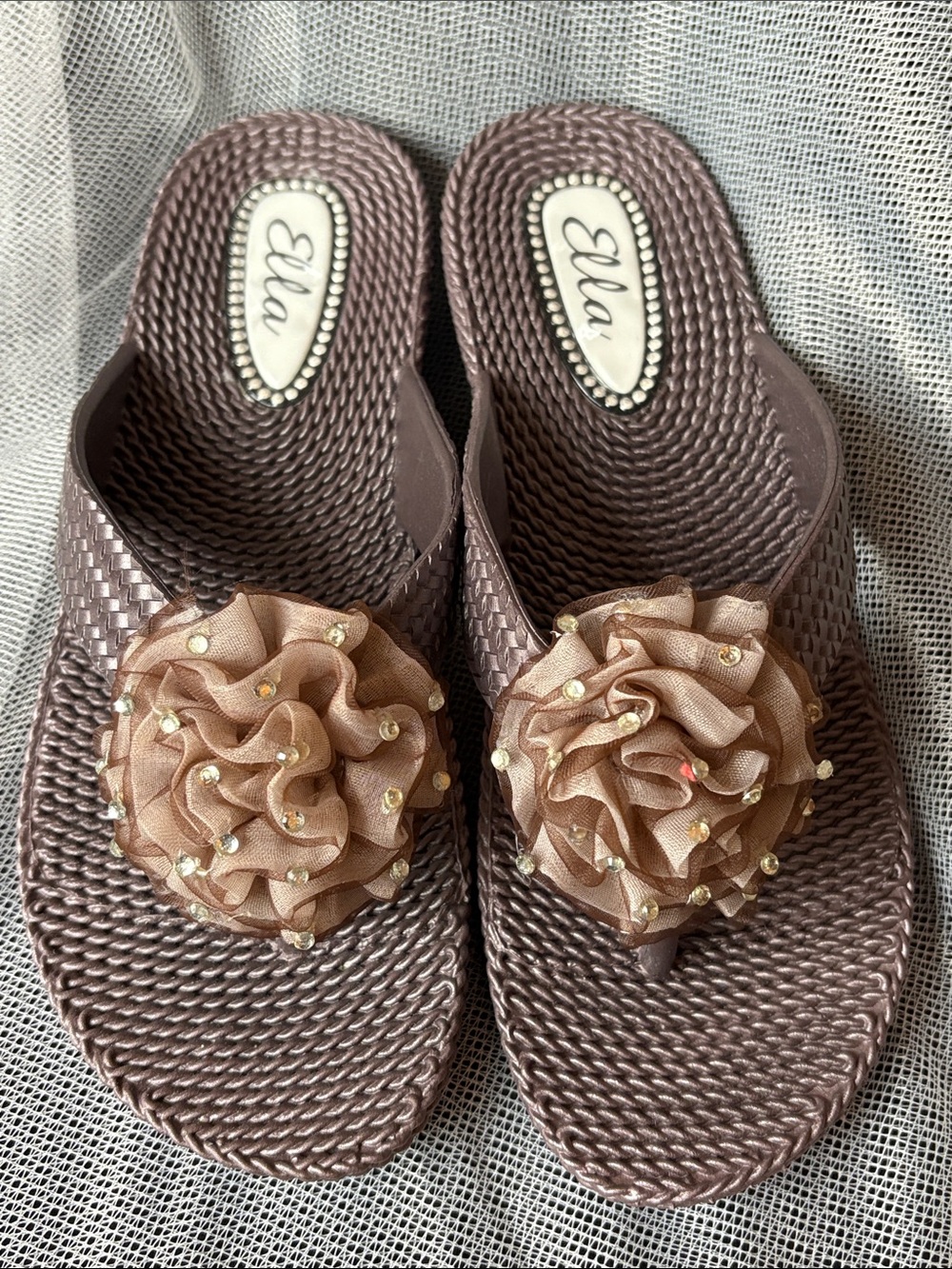Ella Taupe Floral Applique Slip-On Sandals